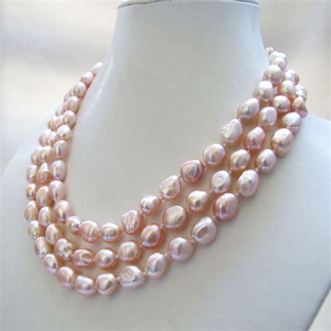 3 Strands Genuine Natural Pink Baroque Freshwater Pearl Necklace 9 10mm