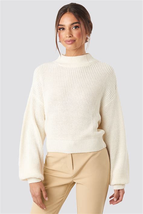 Volume Sleeve High Neck Knitted Sweater Crème Na Kdfr