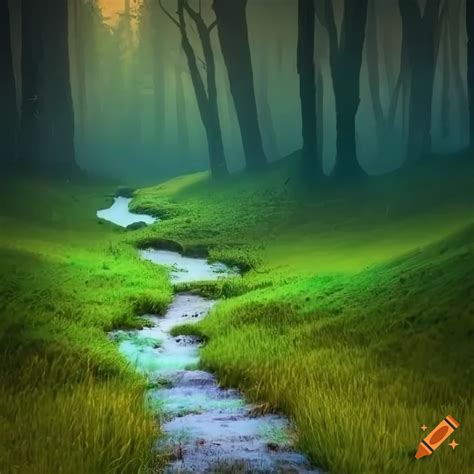 Photo Of An Enchanted Evening Landscape With A Magical Forest