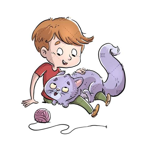 Niño Jugando Con Su Gato Ilustraciones De Cuentos Infantiles