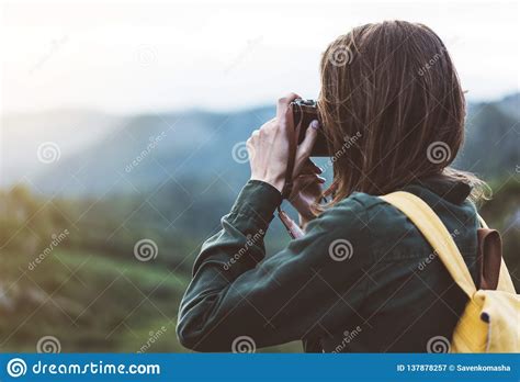 Tourist Traveler Photographer Taking Pictures Of Amazing Landscape On