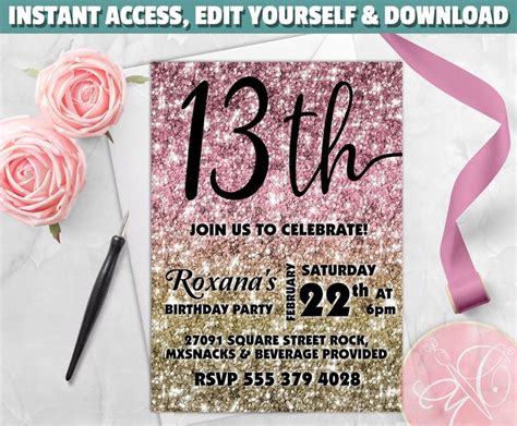 29 Rose Gold 13th Birthday Invitations Pics Aesthetic