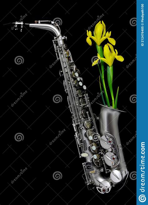 Silver Matte Finished Alto Saxophone With Yellow Iris Lilies On Black