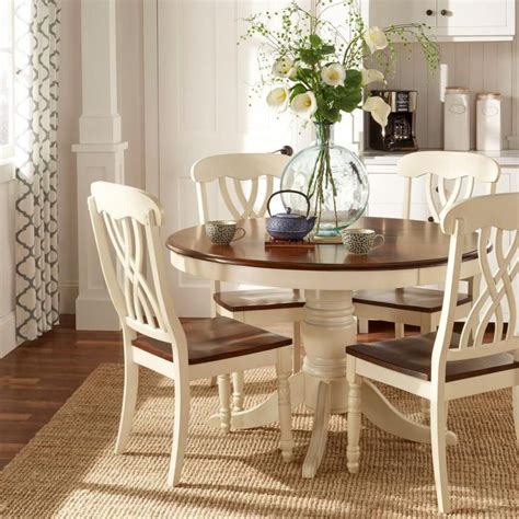 5 Piece Round Antique White And Warm Cherry Dining Table Set Two Tone
