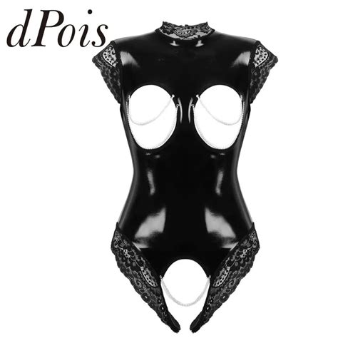 Womens One Piece Wet Look Patent Leather Sexy Lingerie High Neck