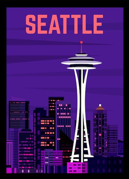Premium Vector Retro Poster Of Seattle Night Landscape Of The City