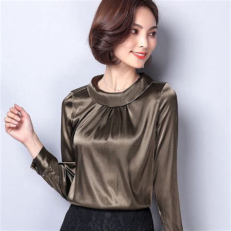 Buy Women Formal Satin Shirt Faux Silk Vintage Long Sleeve O Neck Business Work