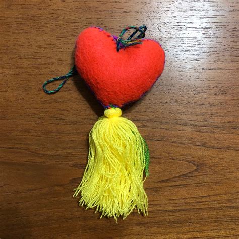 Hand Sewn Wool Felt Hanging Heart Ornament With Cotton Embroidery