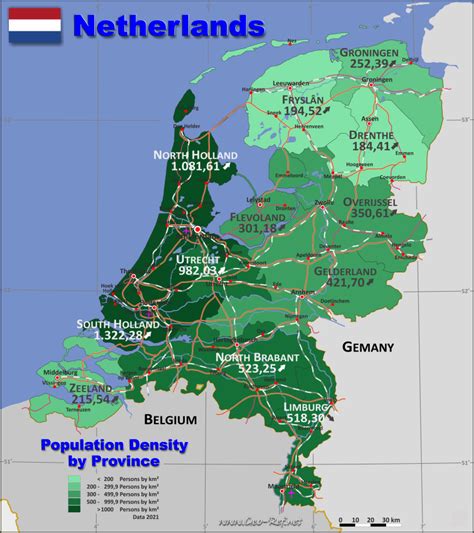Dabei sind auf der landkarte sowohl straßen als auch die einzelnen provinzen des. Niederlande Karte Bevölkerungsdichte und Verwaltungsgliederung