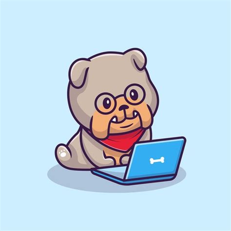 Free Vector Cute Bulldog Operating Laptop Cartoon Illustration