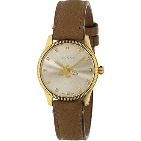 Gucci G Timeless Slim Gold Pvd And Leather Watch Bee Motif Ya1265022