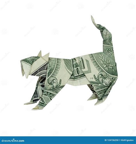 Origami Wild Cat Folded Real One Dollar Bill Isolated On White