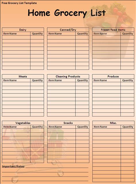 sample grocery list  word templates