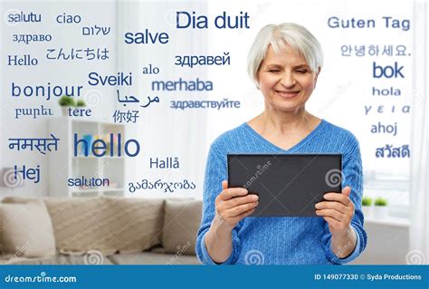 Senior Woman Using Translator On Tablet Computer Stock Photo Image Of