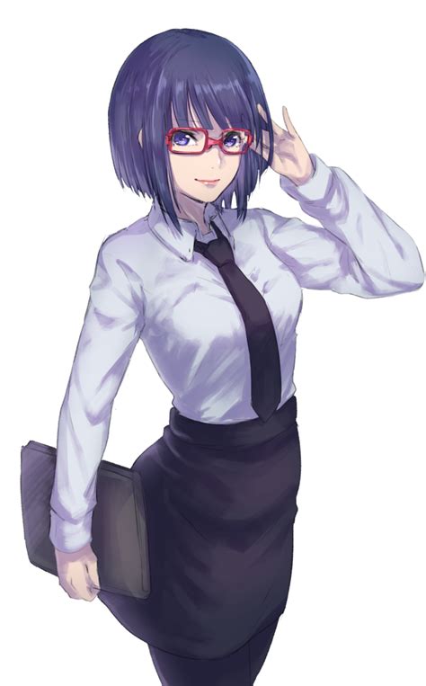 Safebooru 1girl Adjusting Eyewear Arm Up Bangs Black Legwear Black Neckwear Black Skirt Blue