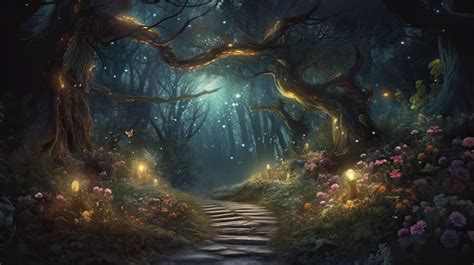 Magical Fantasy Fairy Tale Scenery Night In A Forest Generate Ai