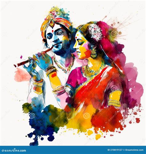 Krishna Radha Holi Colourful On White Background Painting Generative Ai