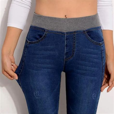 6 Extra Large Jeans Women Casual Pants Cotton High Waist Jeans Elastic Waist Pencil Pants