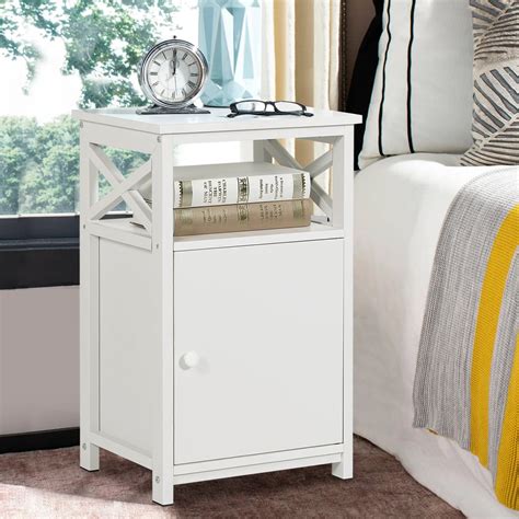Vecelo End Table Style Nightstand With Cabinet And Open Storage Shelf