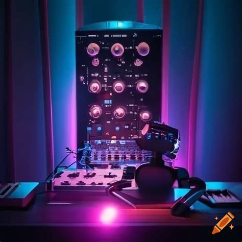 Robot playing modular synthesizer with colorful lights on Craiyon