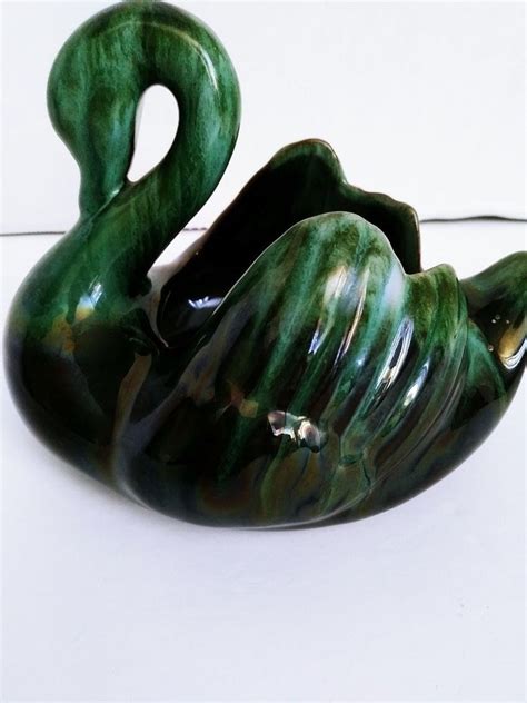 Vintage Blue Mountain Pottery Swan Planter Green Drip Approx 55 Inches