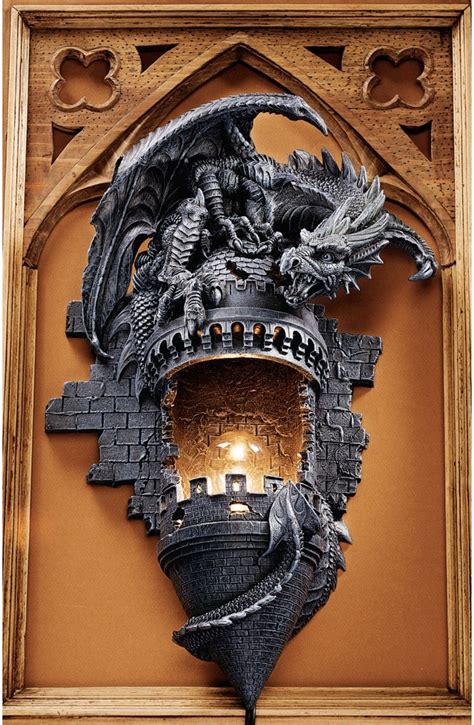 Sculpted Dragon Perched On Medieval Castle Turret Dramatic Decor Wall