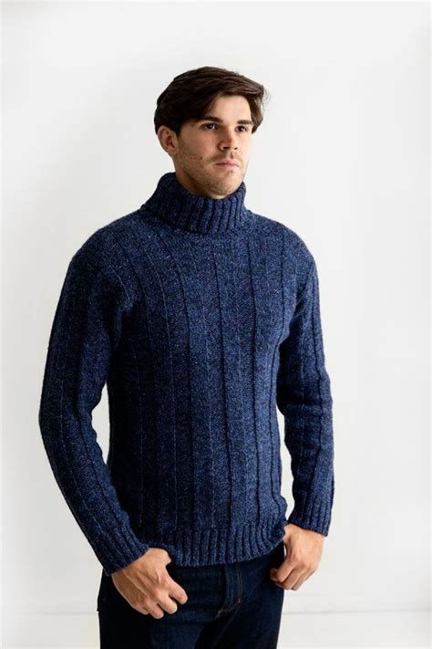 Mens Scottish Wool Ribbed Polo Neck Jumper Sweater In Blue The Croft