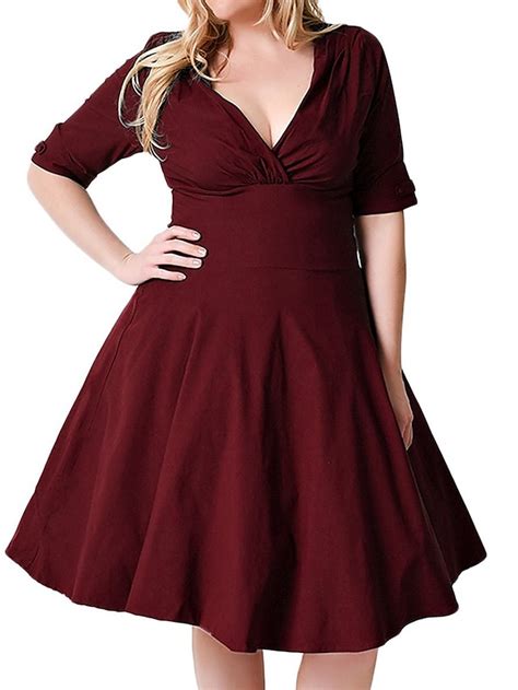 Women‘s Plus Size Curve Casual Dress Vintage Dress Solid Color Midi