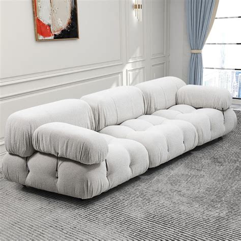 106.3" White Modular Velvet Upholstered Sofa 3-Seater Tufted Sofa