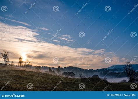 Foggy Morning In The Ukrainian Carpathian Mountains In The Autumn