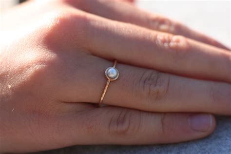 Tiny Pearl Ring In 14k Gold Pearl Engagement Ring Solid 14k Gold
