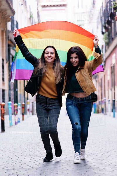 Lovely Lesbian Couple Celebrating Pride Day Lgbt Concept Stock
