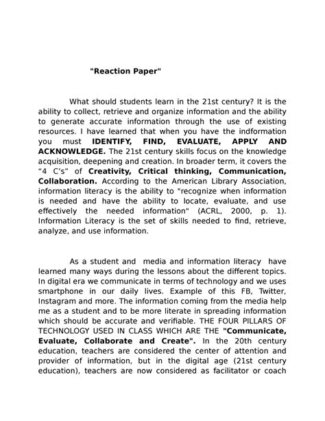 Media And Information Literacy Reaction Paper Or Essay Media And