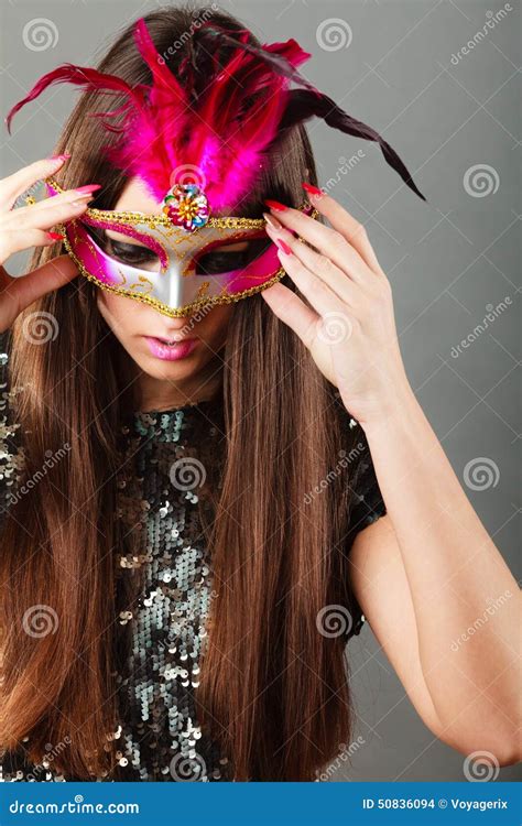 Woman Face With Carnival Mask On Gray Stock Photo Image Of Girl
