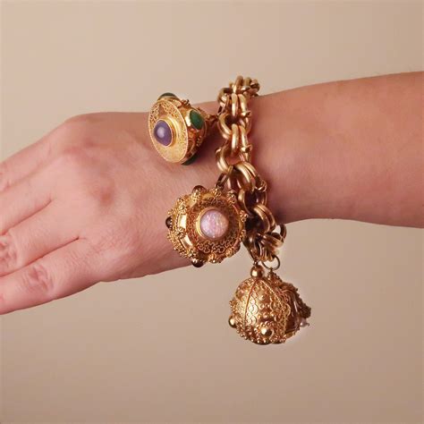 Vintage 1950s Large 18k Gold Gemstone Charm Bracelet Armegem