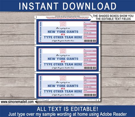 New York Giants Game Ticket Gift Voucher Printable Surprise Football Tickets