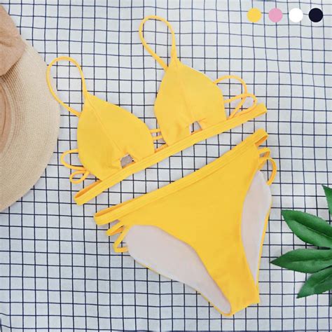 Sexy Triangle Bandage Bikinis Women Push Up Brazilian Bikini Set Hollow Out Swimwear Strappy