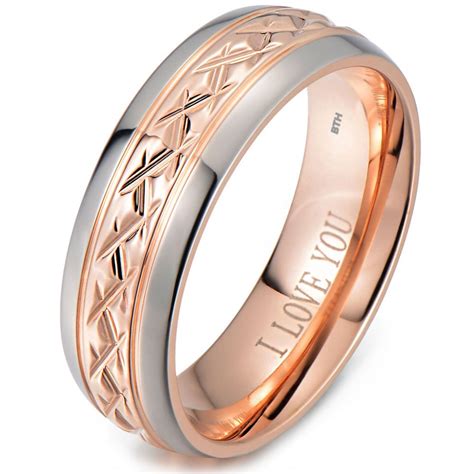 Rose Gold Tone Titanium Wedding Ring Engraved Inside With I Love You