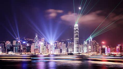 Lumières Ville De Hong Kong Faisceaux Lumineux Horizon De Nocturnelart