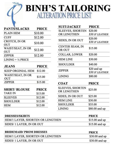 Tailoring Alterations Price List