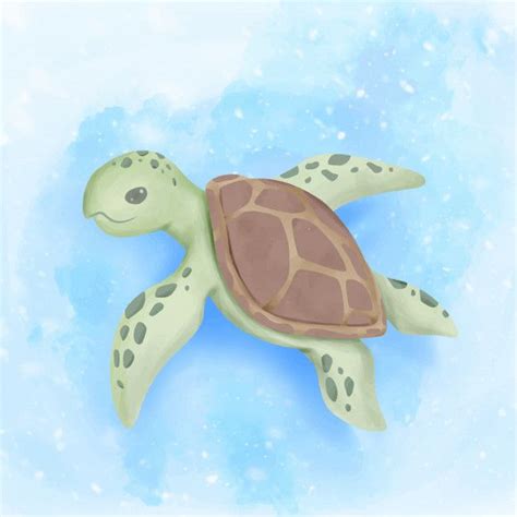 Cute Sea Turtle Swim Under Ocean Premium Vector Drawing Cartoon