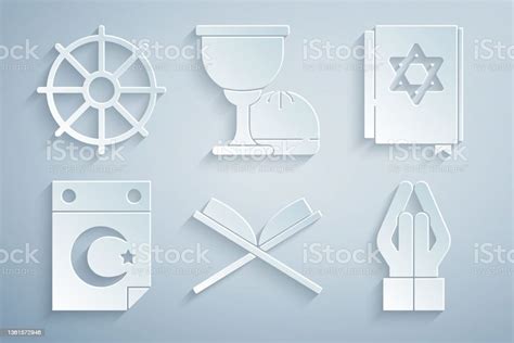 Set Holy Book Of Koran Jewish Torah Star And Crescent Hands In Praying