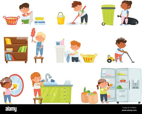 Cartoon Kinder Tun Hausarbeit Kinder Helfen Bei Der Hausarbeit Jungen