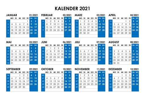 Jahreskalender 2021 Mit Wochennummern Horizontal Kalendersu