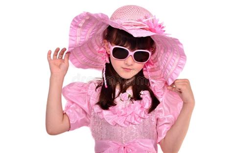 Girl Wearing Pink Dress Hat And Glasses Stock Image Image Of Little