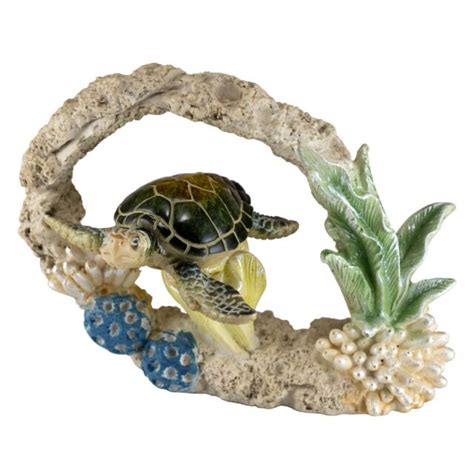 Green Sea Turtle Swimming In Faux Coral Figurine 6 Long Resin Statue