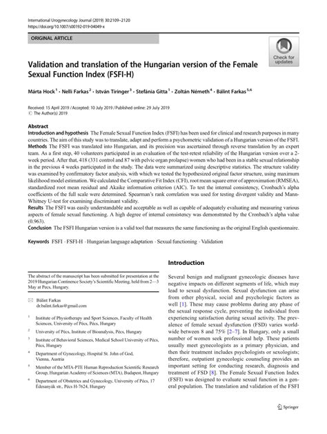 Pdf Validation And Translation Of The Hungarian Version Of The Female Sexual Function Index