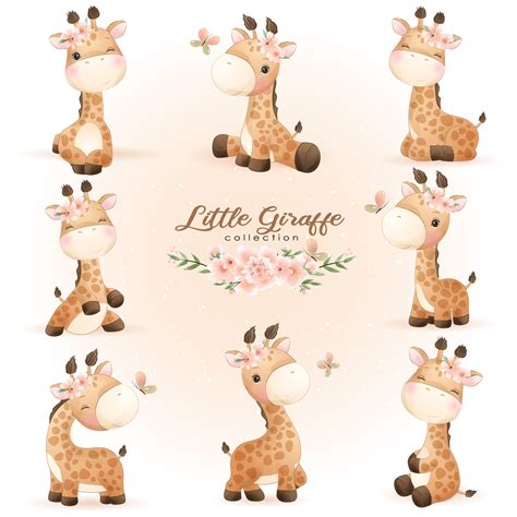 Cute Little Giraffe Poses Clipart With Watercolor Illustration