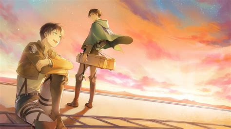 Levi Ackerman Eren Yeager Colorful Sky Background Hd Attack On Titan