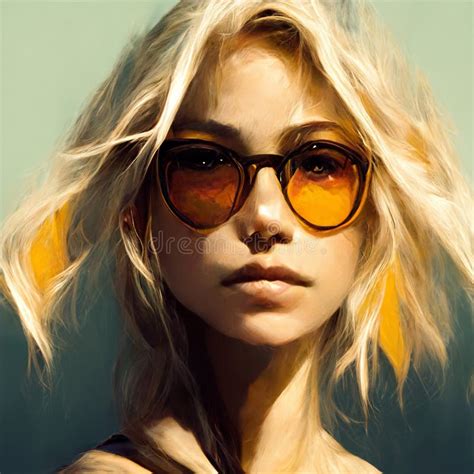 Acrylic Portrait Of Blonde Attractive Female In Sunglasses Close Up